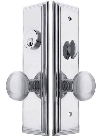 Manhattan F20 Function Mortise Lock Entryset in Polished Chrome with Left Hand Providence Knobs, and Stop/Release Buttons.